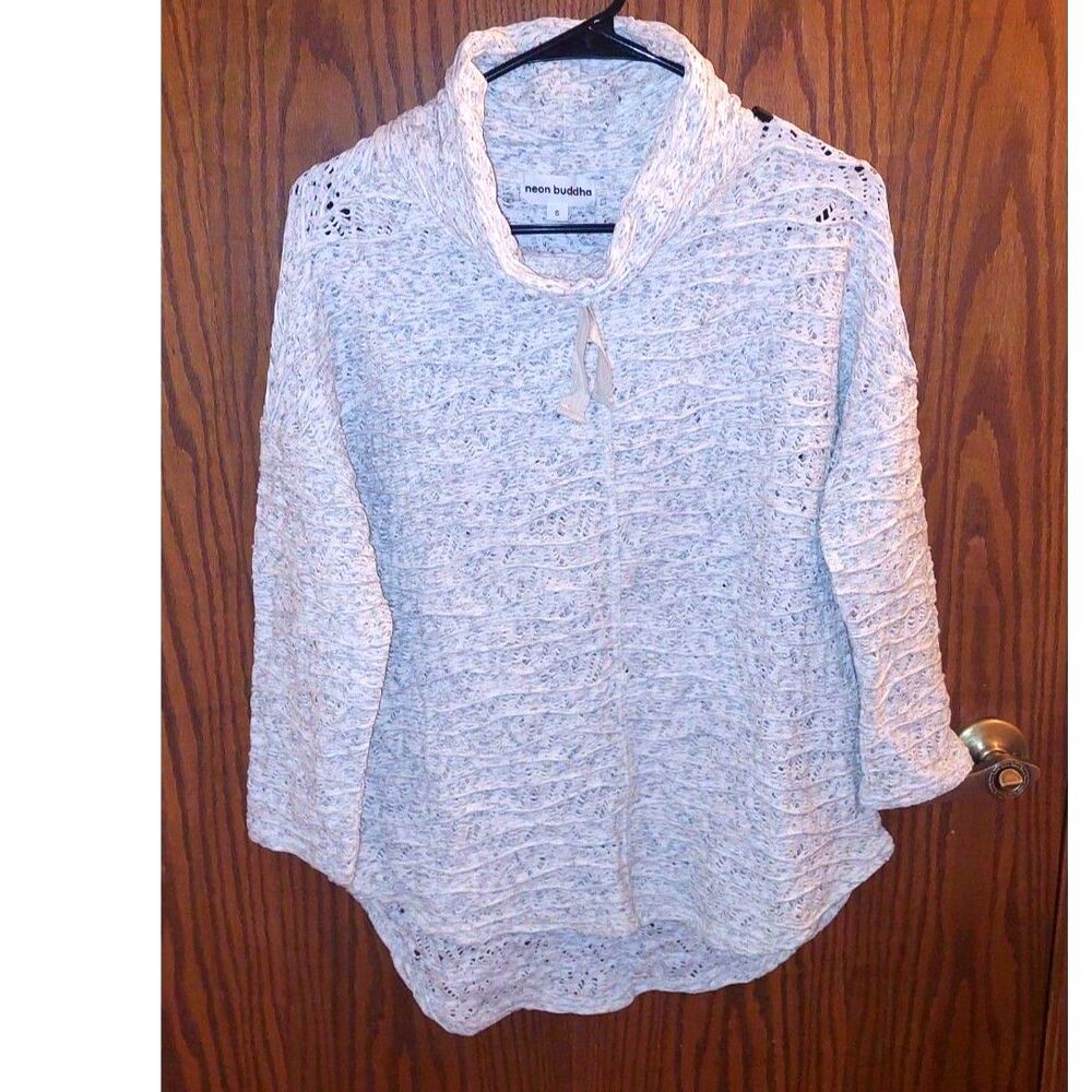 Neon Buddha Cowl Neck Tunic Top Small Off White Grey Textured High Low EUC